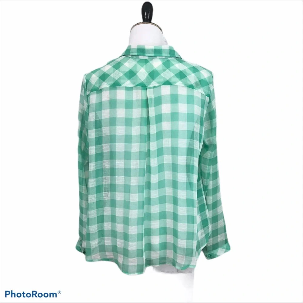 Free People green gingham sheer hi lo button up collared shirt